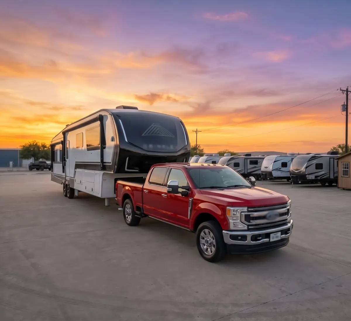 RV transport: a red pickup truck towing a fifth wheel trailer across an RV lot at sunset